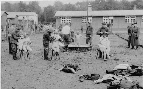 Washing and shaving newly arrived Polish prisoners in the Buchenwald concentration camp